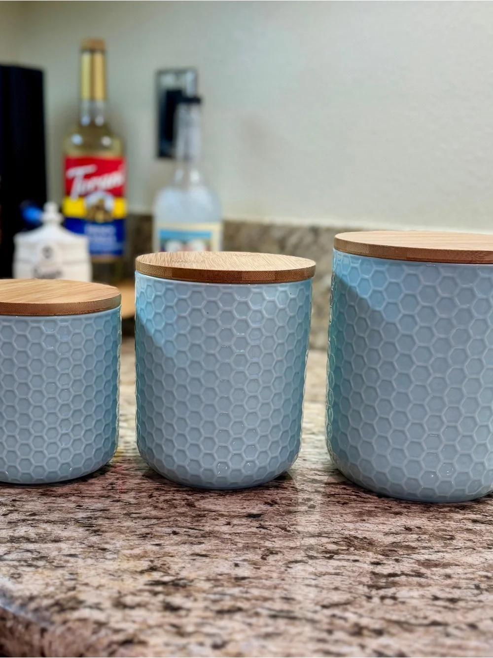 Circo Light Blue Honeycomb Ceramic Kitchen Canister Set with Bamboo Lids